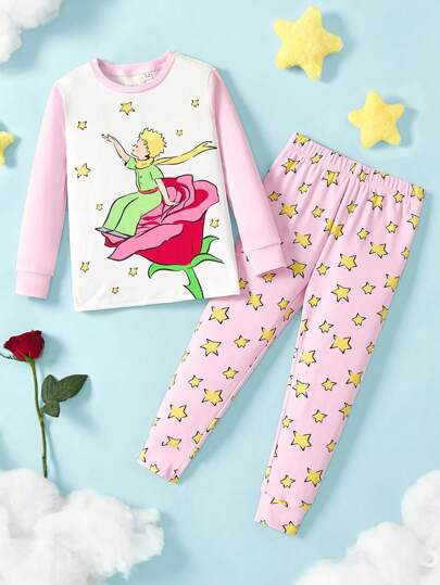 LE PETIT PRINCE X SHEIN Ung flicka tecknad figur grafik & rosmönster färgblock söt casual mångsidig långärmad t-shirt & stjärnmönster byxor pyjamas set