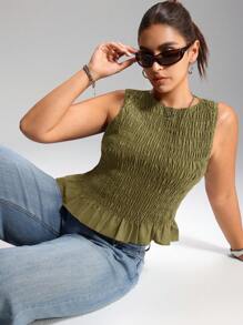 LYSMO Plus Size Women Summer Boho Elastic Ruched Camisole Tank Top Smocked Top Green Top Women,Back To School - Green - View 3