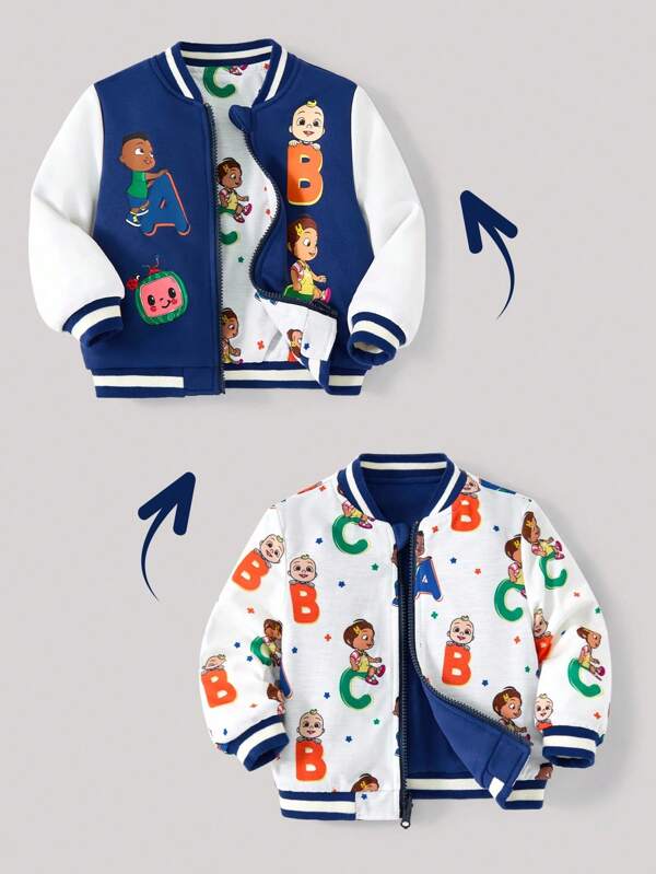 CoComelon X SHEIN Jaqueta de Beisebol Reversível Bebê Menino com Estampa de Letra e Bloco de Cor, Outono/Inverno