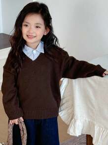 DAZY Girls V-Neck Loose Casual Sweater, Young Girl Fall Clothes - Coffee Brown - View 7