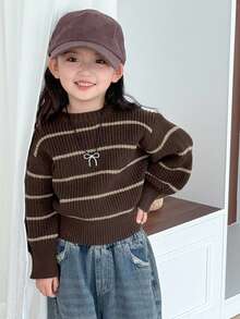 Dazy Kids 女童圆领条纹撞色毛衣，秋季服装 - 咖啡棕 - 查看 5