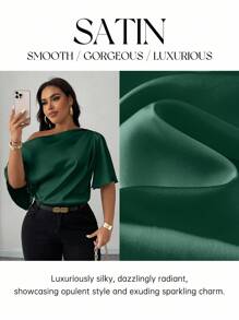 Maweii Camisa verde elegante, casual y cómoda para mujer de talla grande con hombro asimétrico, volantes y manga corta, adecuada para primavera, verano y otoño - Verde - Ver 3