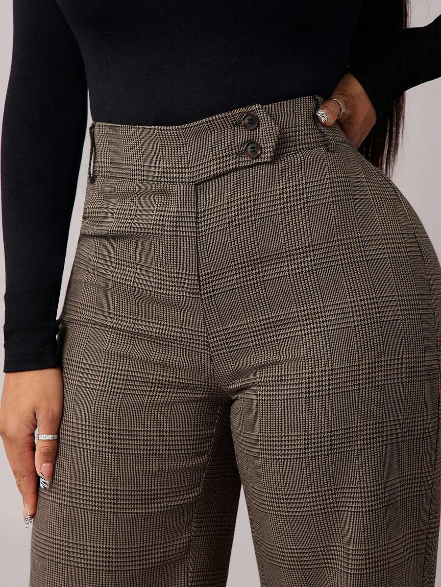 SHEIN SXY Quần ống đứng kẻ caro mới thu đông cho nữ cỡ lớn - màu nâu - Xem 1