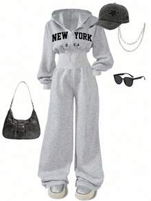 SHEIN Tween Girl Fashion Minimalist Solid Color Hooded Zip-Up Printed Letter Sweatshirt & High Waist Loose Straight Leg Pants Set Sweatsuit Set Girls Tween Girl Sweatsuit Girls 2 Piece Sweatsuit Teen Sweatsuit 2 Piece Sweatsuit Girls Girls Sweatsuit Fall Winter Sweatshirt Straight Pants Suit Tween Girl Hoodie And Pants Pre Teen Girls Teen 3pc Sweat Suit - Grey - View 6