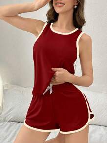 撞色装饰休闲背心和短裤女式睡衣套装