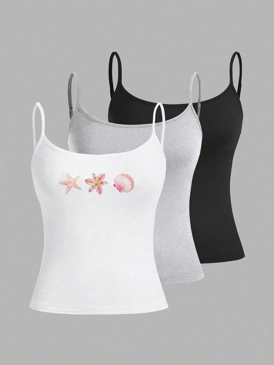 SHEIN EZwear 3pcs Women Casual Camisole Tight Fitting Tank Tops, Versatile For Daily Wear, Summer 3 Pack Tank Tops Tank Tops Women Spaghetti Strap Back To School
