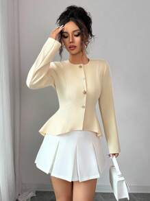 Elenzga Áo khoác vải họa tiết màu mơ vàng dài tay bất đối xứng, thắt eo thanh lịch dành cho nữ khi đi làm - Màu vàng - Xem 6