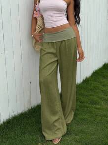 SHEIN EZwear Women's Casual Army Green Low-Rise Wide Leg Pants - Army Green - View 1