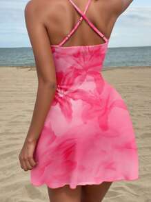 SHEIN SXY Casual Floral Pattern Draped Neck Women's Camisole Mini Dress, Suitable For Summer Vacation And Beach Suitable For Going Out Chic Dress