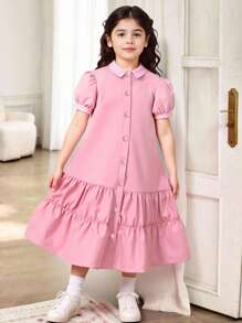 Robe d'été décontractée pour jeune fille avec patchwork à carreaux et manches bouffantes - Rose bonbon - Voir 1