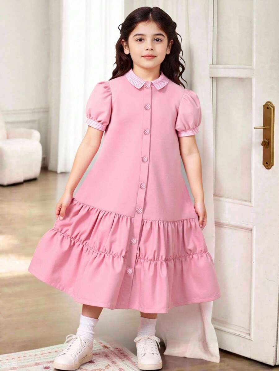 Robe d'été décontractée pour jeune fille avec patchwork à carreaux et manches bouffantes - Rose bonbon - Voir 1