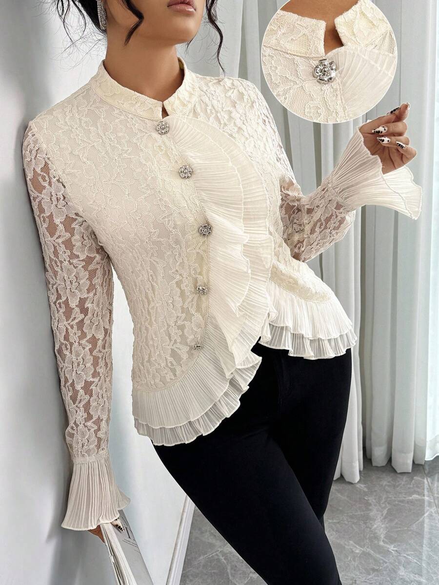 SHEIN Clasi Plus Size Women's Fashion Casual Lace Ruffle Flare Sleeve T-Shirt Fall Cloth For Women - Apricot - View 1