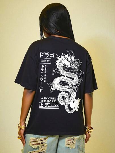 Street Life Women's Hand-Painted Dragon Element Short Sleeve T-Shirt, Suitable For Daily Wear In Spring/Summer