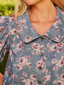 WESTFADE Collared Button Front Short Puff Sleeve Floral Print Denim Crop Top Western Boho Cowgirl Summer Beach Vacation - Light Wash - View 5