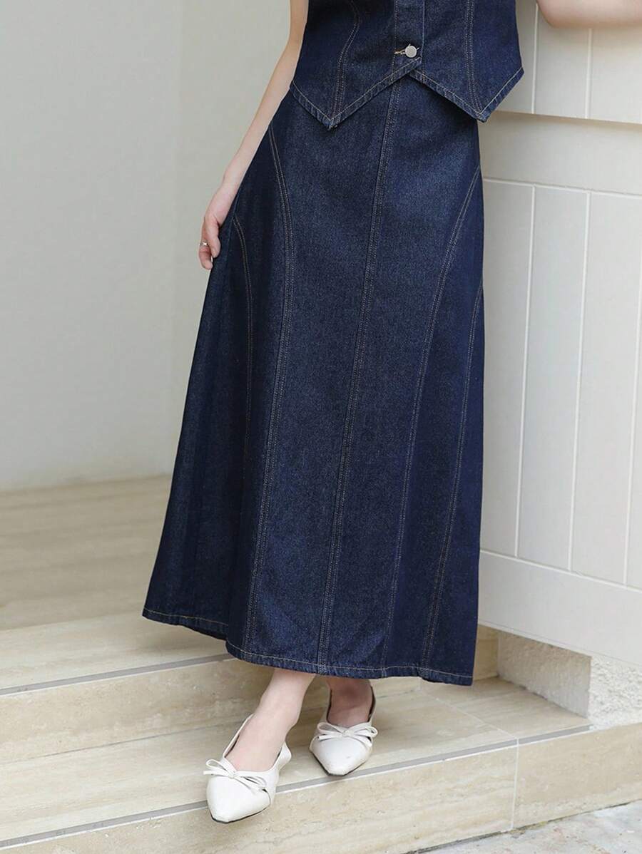 SHEIN Unity Chân váy denim trơn dáng thẳng màu tối màu dùng hàng ngày cho nữ Chân váy denim dài màu xanh đậm Chân váy jean dài - Rửa tối - Xem 1