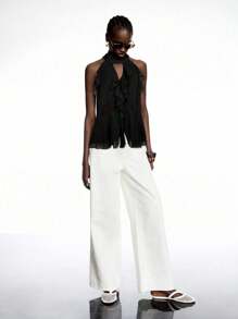 LYSMO 2025新款黑色荷叶边雪纺露背上衣搭配领带——波西米亚夏季风格 - 黑色 - 查看 4