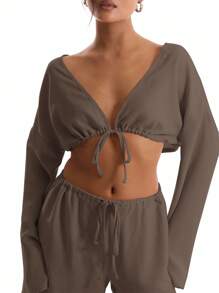 MUSERA 亚麻质感系带宽袖沙滩上衣，度假波西米亚风，性感优雅，适合伊比沙岛假日派对，优雅春夏装扮 - 深灰色 - 查看 5