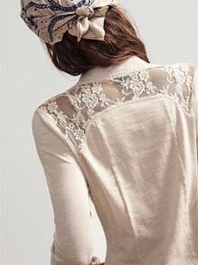 Bohemela 女士休闲纯色针织撞色蕾丝 T 恤 - 杏色 - 查看 5