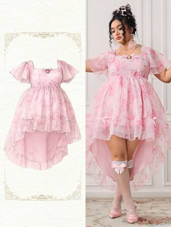 ROMWE EDITION Plus Size Women's Sweet Vintage Babydoll Dress With Asymmetric Ruffle Hem