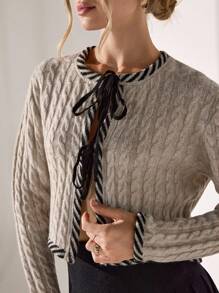 Women Tie Front Contrast Binding Cardigan,Long Cardigans Woman,Petite Cardigans,Cardigans - Cream - View 7