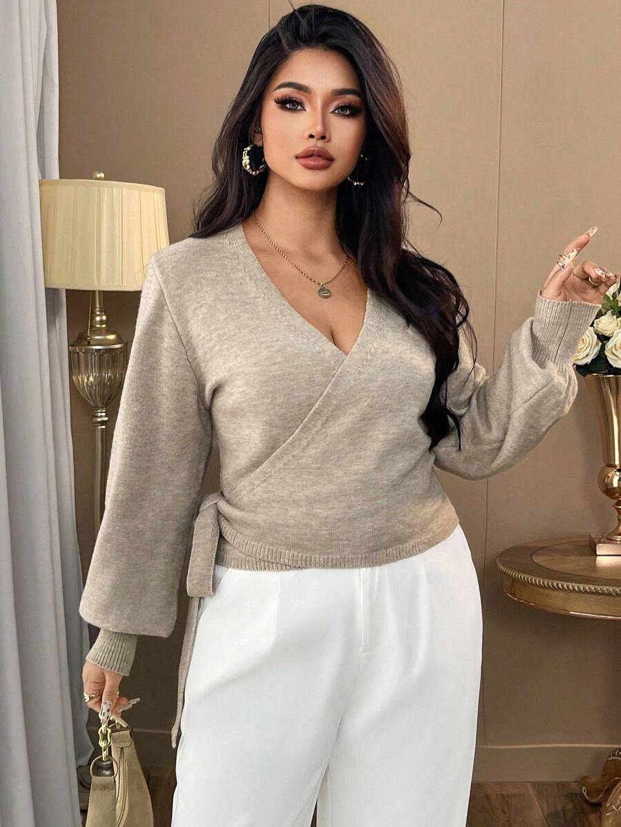 Auvina 1 件女士加大码优雅系带长袖针织开衫，适合秋冬季 - 卡其色 - 查看 1