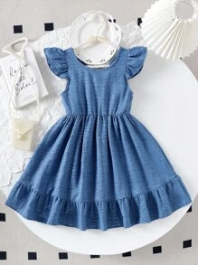 SHEIN Elladie kids 女童优雅印花圆领荷叶袖露背蝴蝶结装饰腰部荷叶边下摆休闲时尚连衣裙，适合度假旅行，夏季女童蝴蝶结连衣裙，小女孩蓝色连衣裙，蝴蝶结露背连衣裙，荷叶边连衣裙，夏季连衣裙，小女孩蓝色夏季连衣裙，大蝴蝶结连衣裙，荷叶边吊带连衣裙 - 藍色 - 查看 2