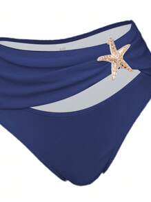 Swim Oasis 3pcs/Set Summer Vacation Solid Color Sexy Golden Accessories Bandeau Off Shoulder Bikini Set With High Waist Front Twist Maxi Dress - Blue - View 3