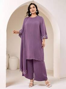 Modelyn Plus Size Women Solid Color Asymmetric Hem Long Sleeve Top And Pants Arabic Style 2 Pieces Set