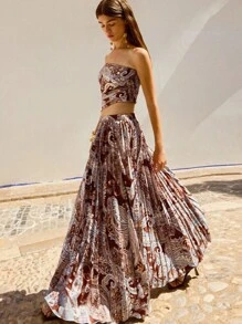 Maija Bộ đồ hai mảnh gồm áo ống ngắn in họa tiết Paisley và chân váy xếp ly dành cho nữ, thích hợp cho kỳ nghỉ hè ở bãi biển, bộ chân váy xếp ly, bộ váy maxi hai mảnh, trang phục lễ hội, trang phục nghỉ dưỡng. - Nhiều màu - Xem 1