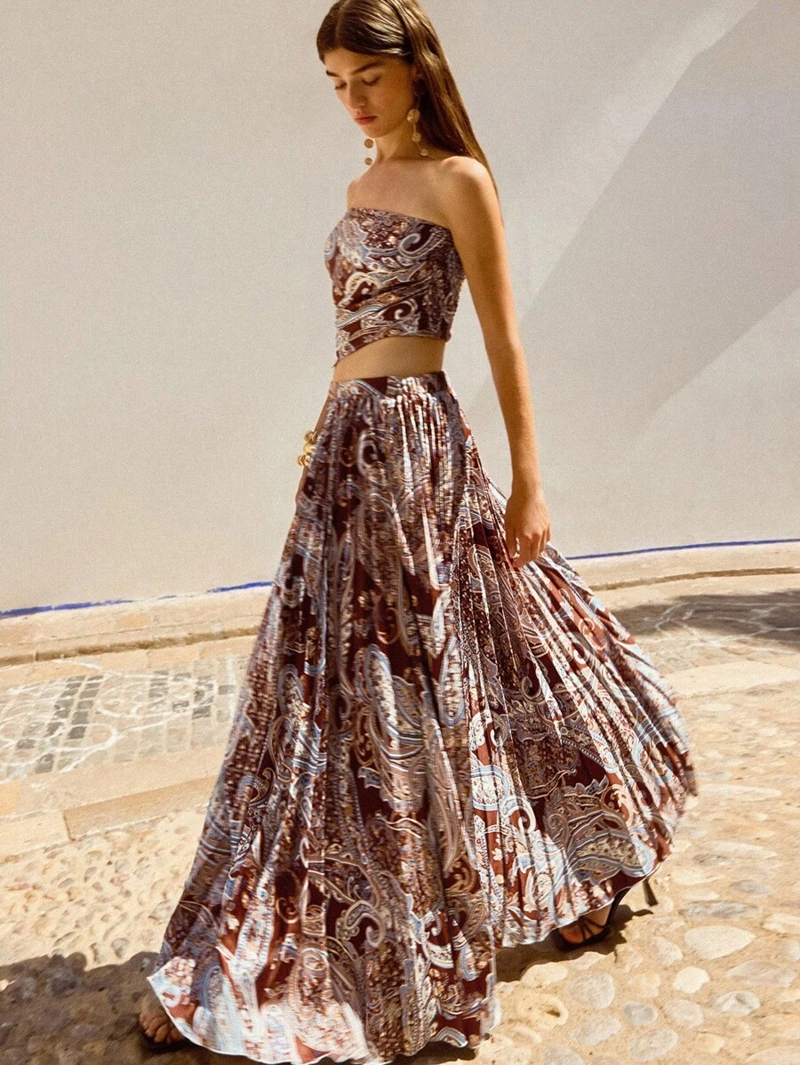 Maija Bộ đồ hai mảnh gồm áo ống ngắn in họa tiết Paisley và chân váy xếp ly dành cho nữ, thích hợp cho kỳ nghỉ hè ở bãi biển, bộ chân váy xếp ly, bộ váy maxi hai mảnh, trang phục lễ hội, trang phục nghỉ dưỡng. - Nhiều màu - Xem 1