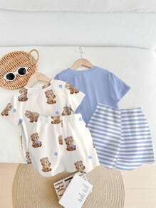 SHEIN 2 件套男婴宽松休闲泰迪熊印花睡衣套装，夏季舒适居家穿着 - 彩色 - 查看 3