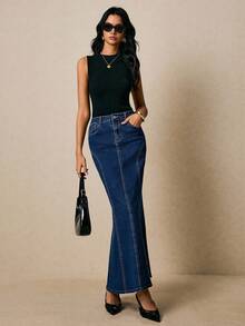 Poéselle 女式蓝色时尚拼接牛仔美人鱼裙女式牛仔裙牛仔长裙 - 深色水洗藍 - 查看 2