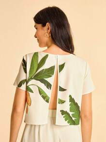 CAJUNI Women's White, Green Palm Tree & Blue Parrot Print Round Neck Short Sleeve Cropped Backless Summer Vacation Beach Casual Top - Multicolor - View 2