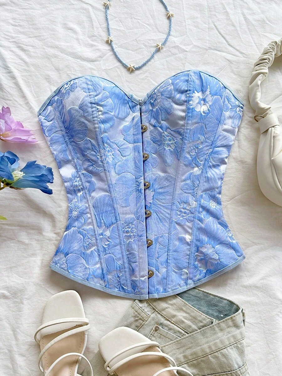 Soleia 复古宫廷风格彩色花卉提花印花吊带短款上衣，带纽扣和系带，适合女士，度假紧身胸衣上衣蓝色花卉紧身胸衣淡蓝色紧身胸衣上衣蓝色夏季紧身胸衣女士紧身胸衣蓝色紧身胸衣女士返校，返校季，毕业季 - 藍色 - 查看 1