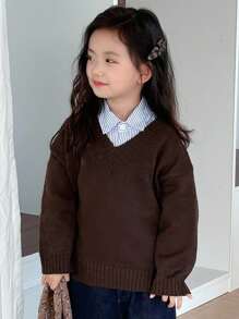 DAZY Girls V-Neck Loose Casual Sweater, Young Girl Fall Clothes - Coffee Brown - View 6