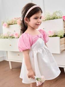 SHEIN Baby Girl Woven Contrast Color Puff Sleeve Snug Fit Dress - Pink - View 4