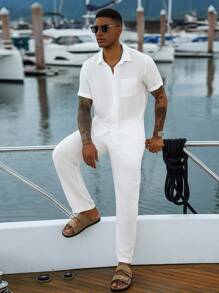Manfinity Homme 男士人造丝纯色短袖单排扣口袋衬衫和裤子休闲套装，白色海滩全人造丝服装，邮轮服装，老钱 - 白色 - 查看 3