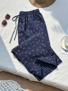 Comfortcana Plus Size Casual Navy Blue Plaid Bow Print Drawstring Pants - Navy Blue - View 1