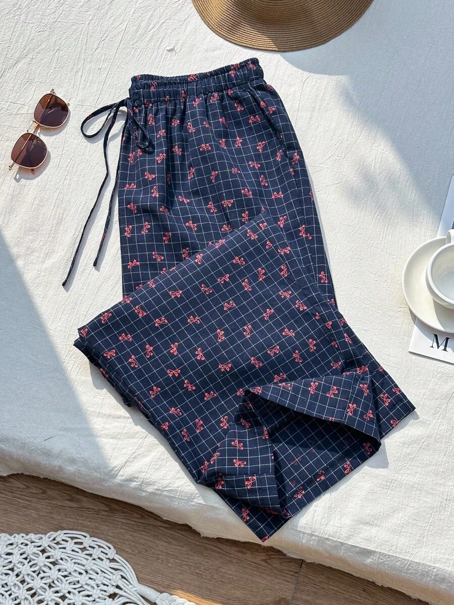 Comfortcana Plus Size Casual Navy Blue Plaid Bow Print Drawstring Pants - Navy Blue - View 1