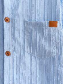 Tween Boys White Short Sleeve Stand Collar Textured Wavy Striped Shirt, Khaki Faux Wood Buttons, Chest Pocket, Minimalist Decor, Comfortable Casual Shirt Suitable For School, Travel, Home, Vacation, Relaxed Fit, Suitable For Spring, Summer, Autumn - Baby Blue - View 6
