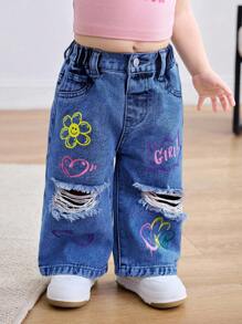 SHEIN 女婴 Y2K 花卉笑脸印花宽松蓝色破洞牛仔裤，春夏休闲度假乡村波西米亚风装 - 深色水洗藍 - 查看 4