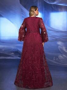 Glamrae 加大码花卉刺绣奢华水钻装饰灯笼袖优雅新娘妈妈礼服 - 酒紅色 - 查看 2