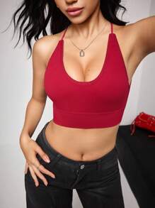 Solid Criss Cross Backless Bralet - Burgundy - View 5