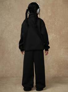 SHEIN Explorewe 2pcs/Set Tween Girls Fashion Black Half Zip Funnel Neck Drop Shoulder Fleece Sweatshirt & Straight Leg Casual Pants, Suitable For Warm, Family Gathering, Travel, School, Outdoor, Daily Casual Wear, Autumn/Winter,ChicAutumn,Halloween, Christmas - Black - View 6