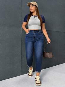 SHEIN ICON Kích thước lớn Của phụ nữ Denim Quần jean Với Túi - Rửa tối - Xem 3