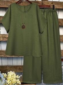 Linhara 2pcs/Set Casual Loose Fit Short Sleeve Top And Wide Leg Pants Outfit - Army Green - View 1