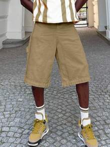 Manfinity Hypemode 男士休闲纯色宽松短裤，夏季 - 卡其色 - 查看 4
