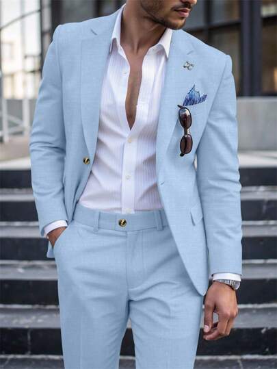 Manfinity Mode 男士休闲商务两件套西装，纯色西装套装夹克和裤子，简约时尚休闲日常穿着婚礼西装舞会西装男士，适合情人节周年纪念日等场合，是送给男朋友或丈夫的绝佳礼物。