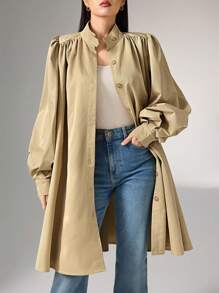 Heiryn 蝴蝶结腰身喇叭灯笼袖高端女式外套，适合秋季穿着 - 卡其色 - 查看 5