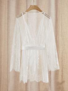 Charlaine Eyelash Lace Belted Teddy Bodysuit Lingerie With Robe Bridal Lingerie For Going Out - White - View 2